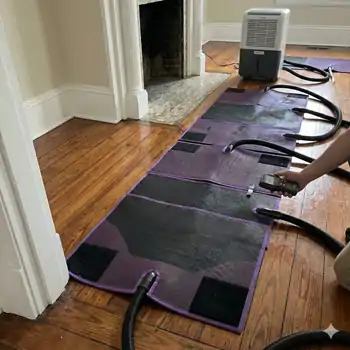 Technician setting up specialized floor drying mats to reverse water damage in antique wooden floors in the Historic District of Summerville.