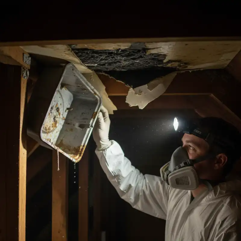 Water damage technician inspecting severe ceiling damage caused by an overflowing HVAC condensate pan in a Lowcountry attic.