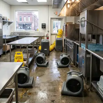 Professional-grade air movers and dehumidifiers set up to dry a large flooded area in a residential home in the Cane Bay Plantation area.