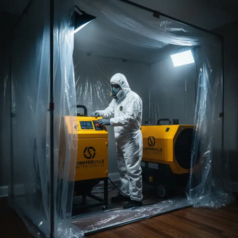 Certified technician using an industrial dehumidifier for mold prevention in a water-damaged Lowcountry home.