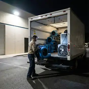 A team of certified water damage restoration technicians loading gear into a branded company truck near the Legend Oaks area.