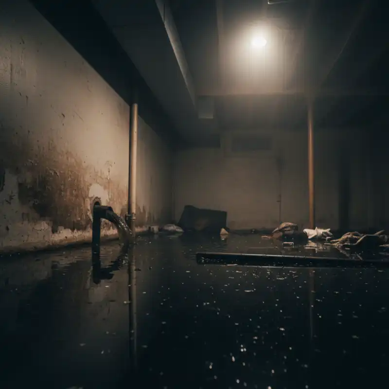 Severe raw sewage flooding basement floor and lower walls due to burst sewer line.