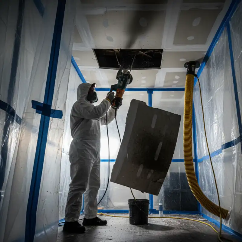 Water damage team carefully removing a saturated, bulging section of ceiling drywall under negative air pressure containment.