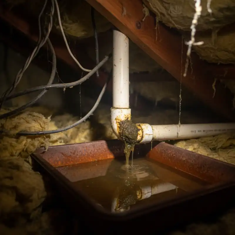 Close-up of a severely clogged HVAC condensate drain line backing up and overflowing into a secondary drain pan in an attic.
