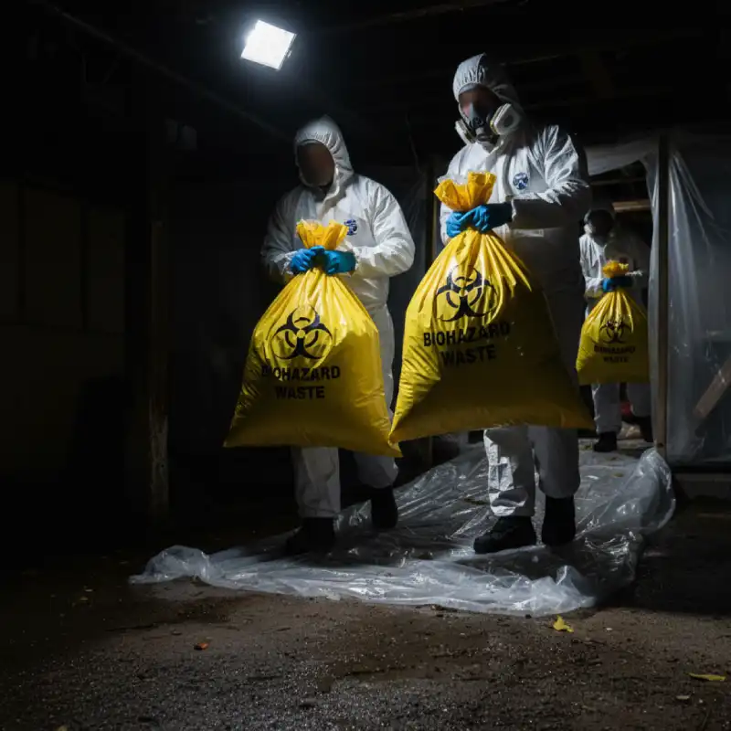 Sealed biohazard waste bags containing contaminated sewage materials ready for safe disposal.