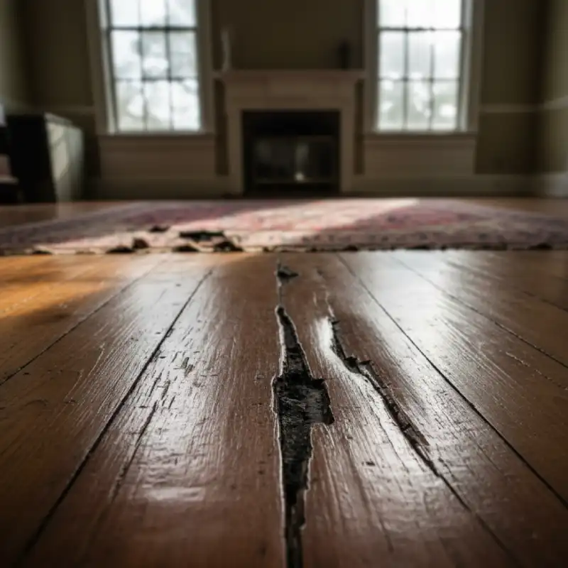 Severe cupping and warping damage on antique wooden flooring, requiring expensive tear-out in the Legend Oaks area.