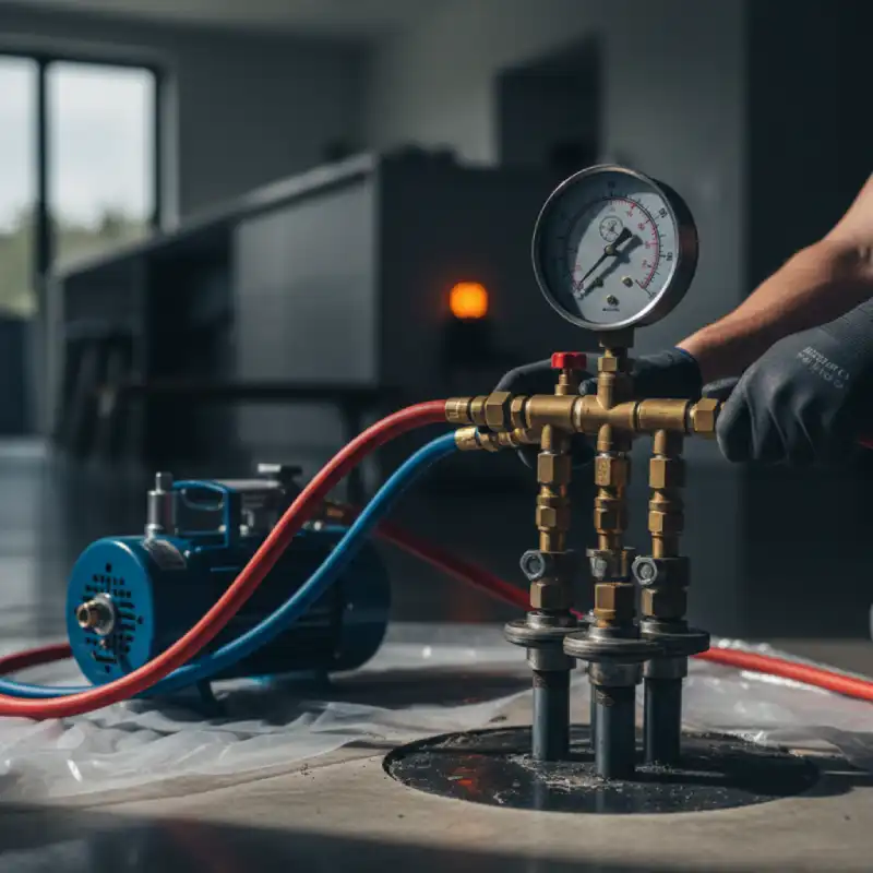 Technician monitoring hydrostatic pressure test equipment to confirm the integrity of a repaired foundation pipe.