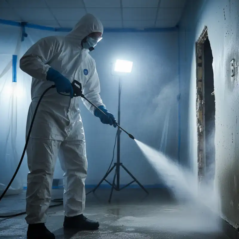 Close-up of a high-power sprayer applying industrial antimicrobial agent to a wall and floor after sewage removal.