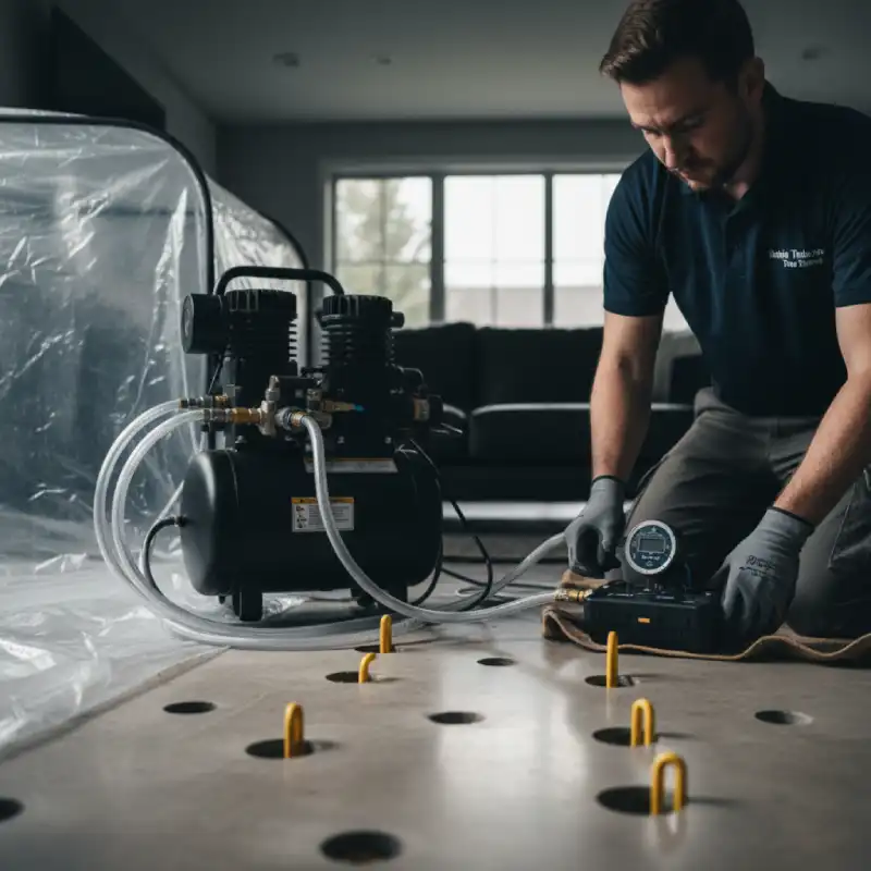 Inject-dry equipment lines inserted into a concrete slab floor to remove moisture from the underlying subgrade.