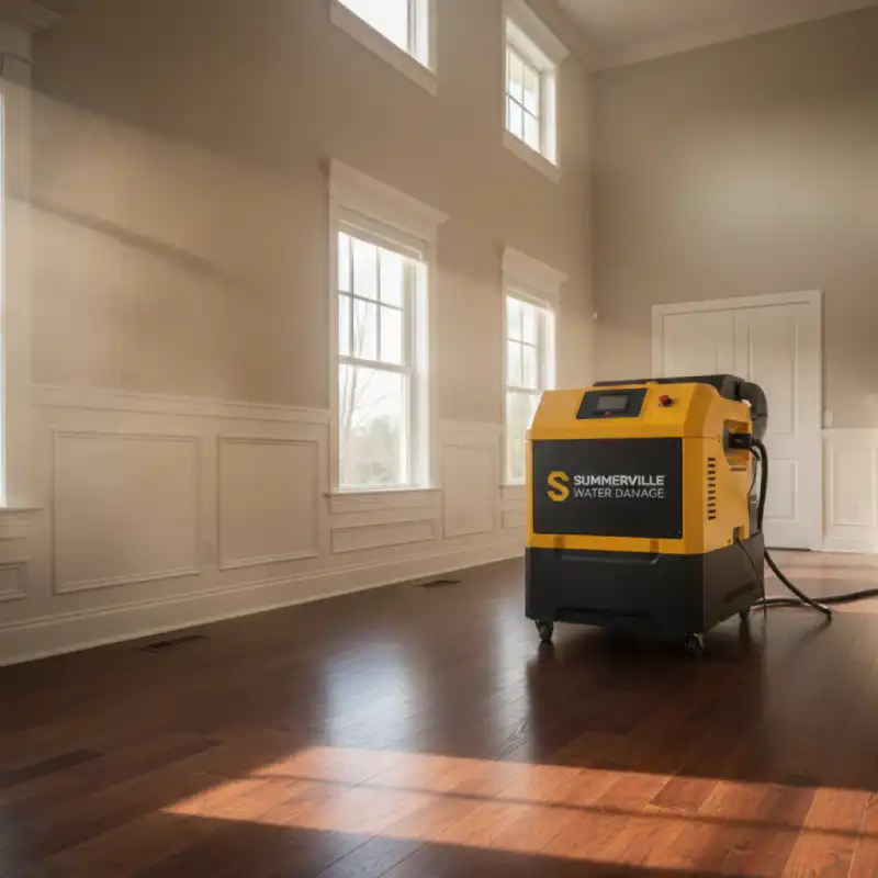 An industrial low-grain refrigerant dehumidifier removing moisture from the air to save structural elements in a Lowcountry home.