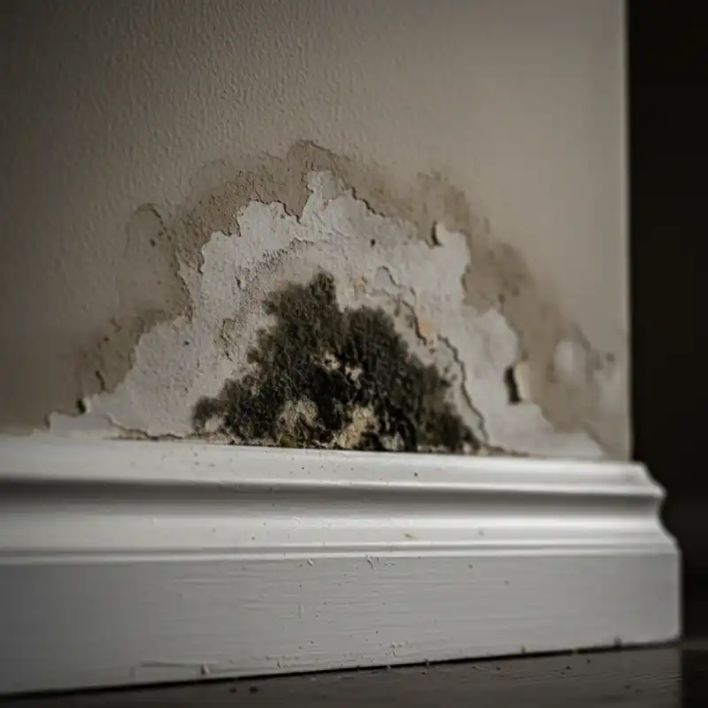 Moisture wicking up a drywall panel above a baseboard, causing paint peeling and potential hidden mold growth.