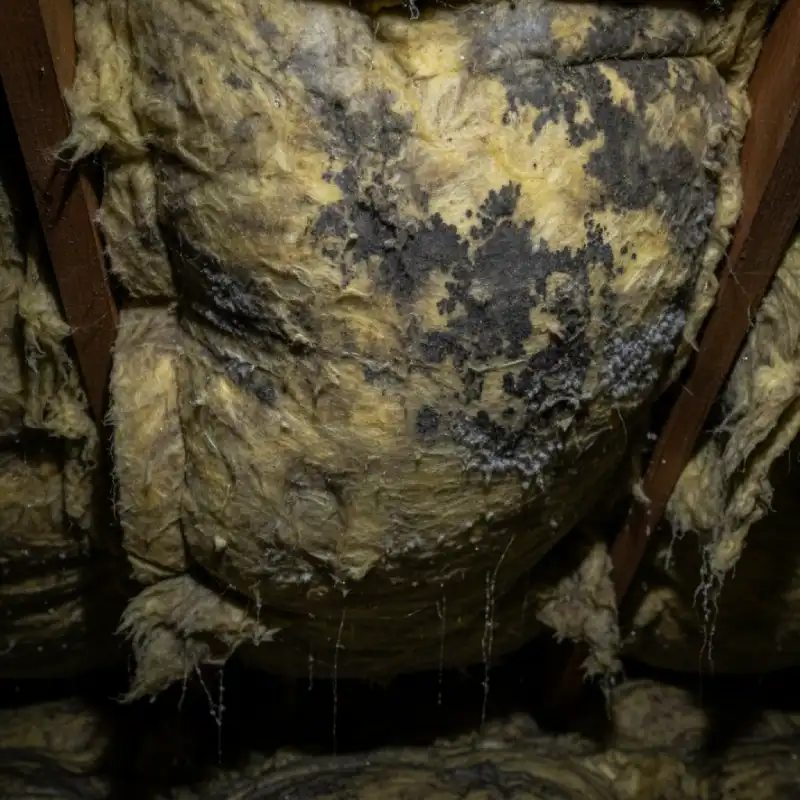 Thick, yellow attic insulation completely saturated with water from a slow leak, showing signs of microbial growth.