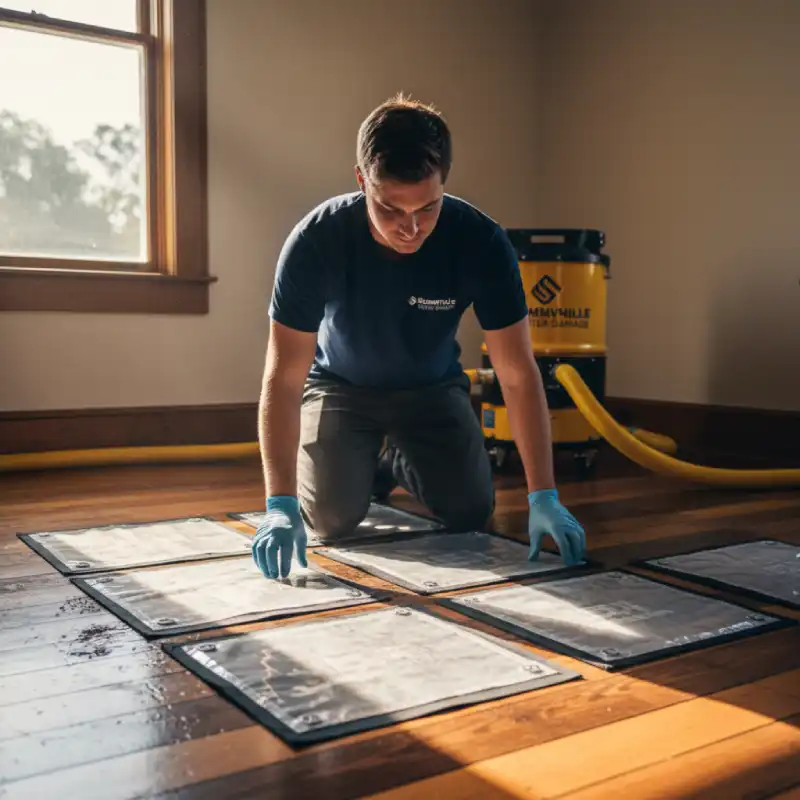 Technician setting up specialized floor drying mat system on a wet wooden floor in a Summerville historic property.