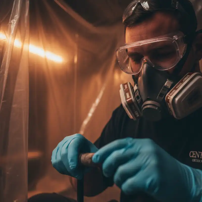 A technician wearing a full Tyvek suit, respirator, and gloves performing sewage removal.