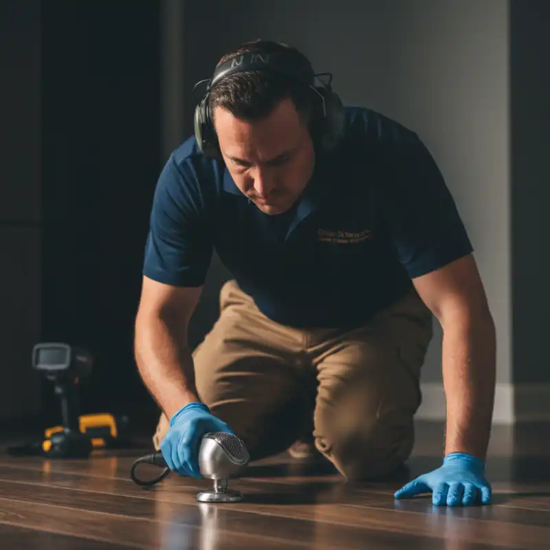 Technician using acoustic listening equipment on the floor to pinpoint the exact location of a water leak under a concrete slab.