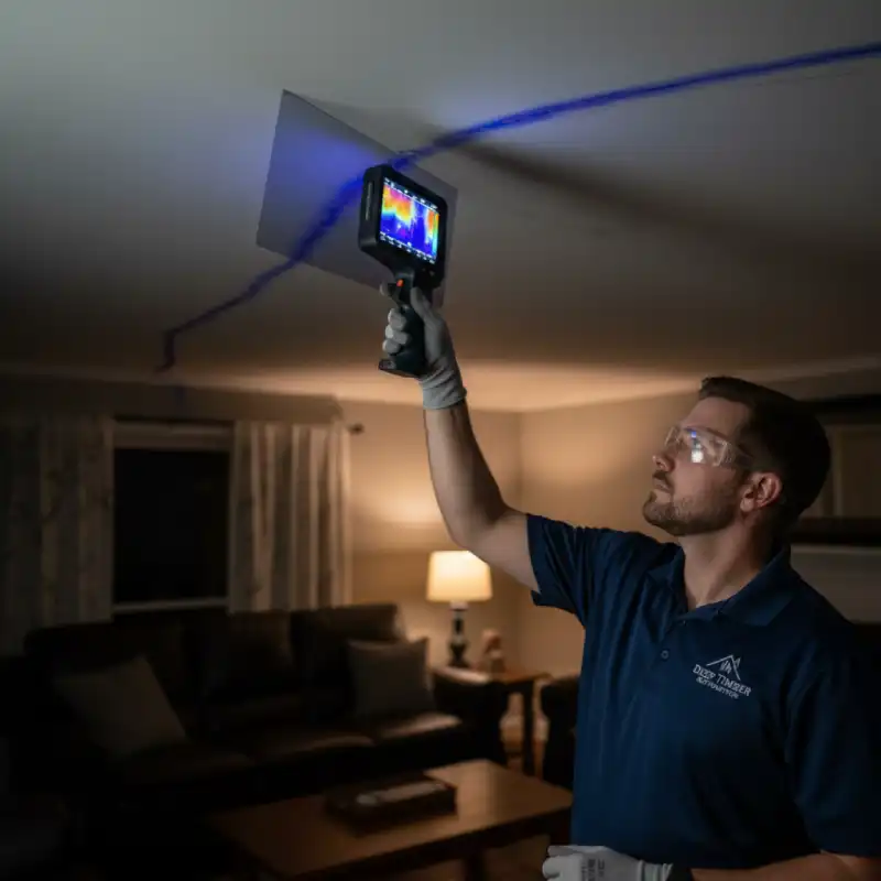 Technician using thermal imaging to detect cold spots, indicating hidden water saturation inside a ceiling and wall structure.